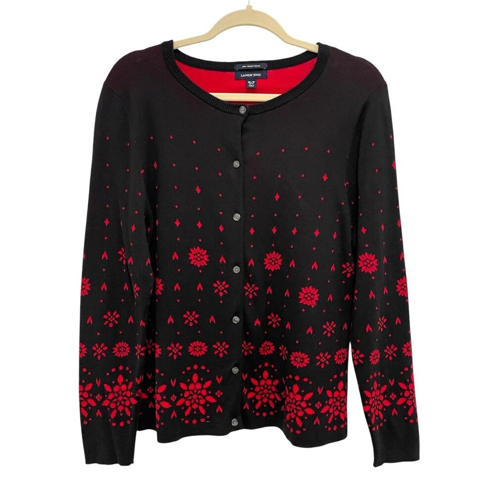 Lands End‎ Snowflake Cardigan Black Red Sweater Womens M Petite Supima Cotton